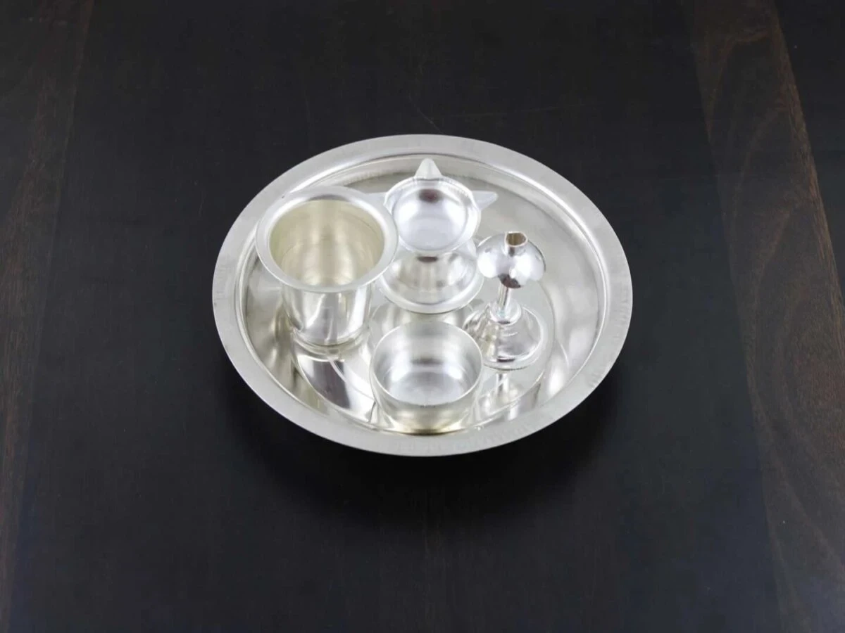 Pooja Thali set, pooja thali silver, pooja thali decoration, Pooja Thali for home, pooja thali set silver, return gifts for housewarming