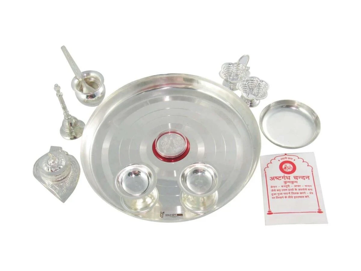 Pooja Thali set, pooja thali silver, pooja thali decoration, Pooja Thali for home, pooja thali set silver, return gifts for housewarming