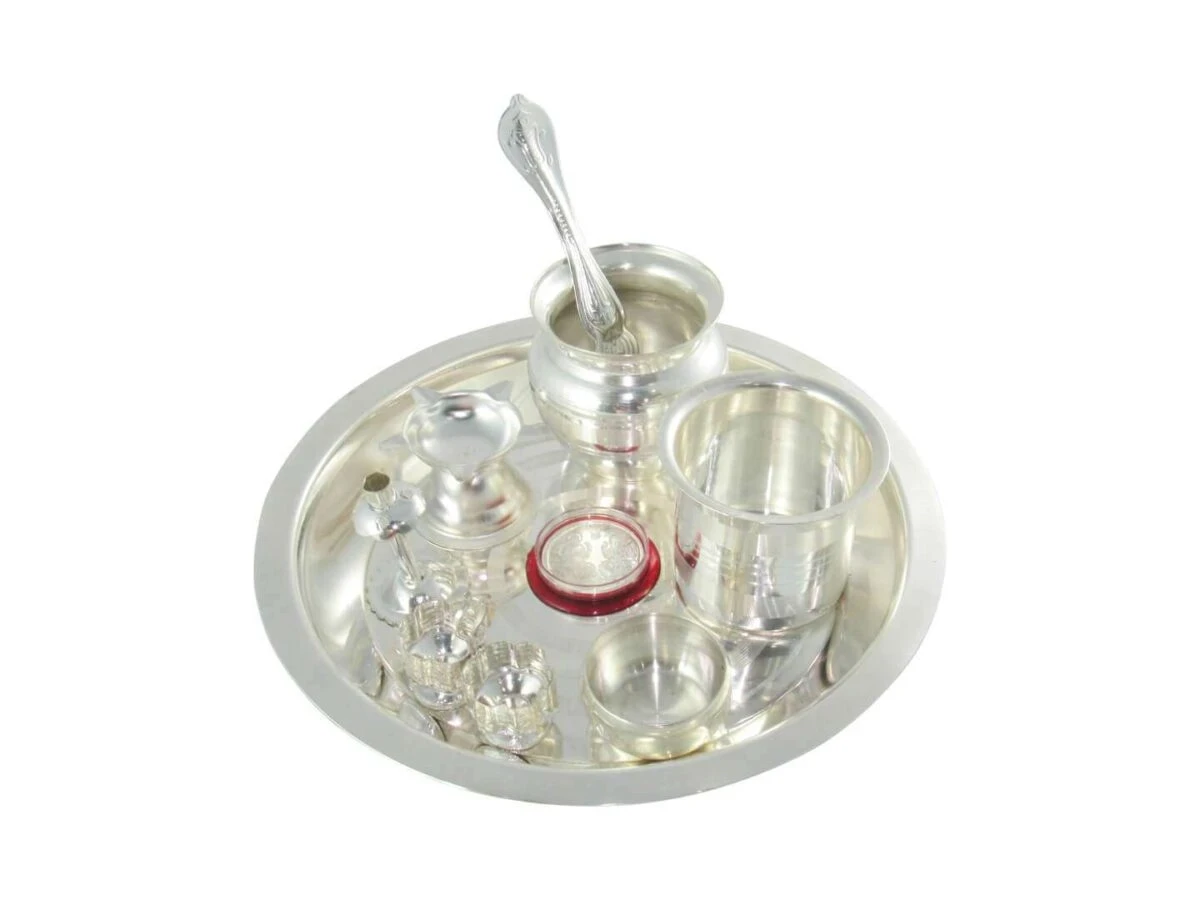 Pooja Thali set, pooja thali silver, pooja thali decoration, Pooja Thali for home, pooja thali set silver, return gifts for housewarming