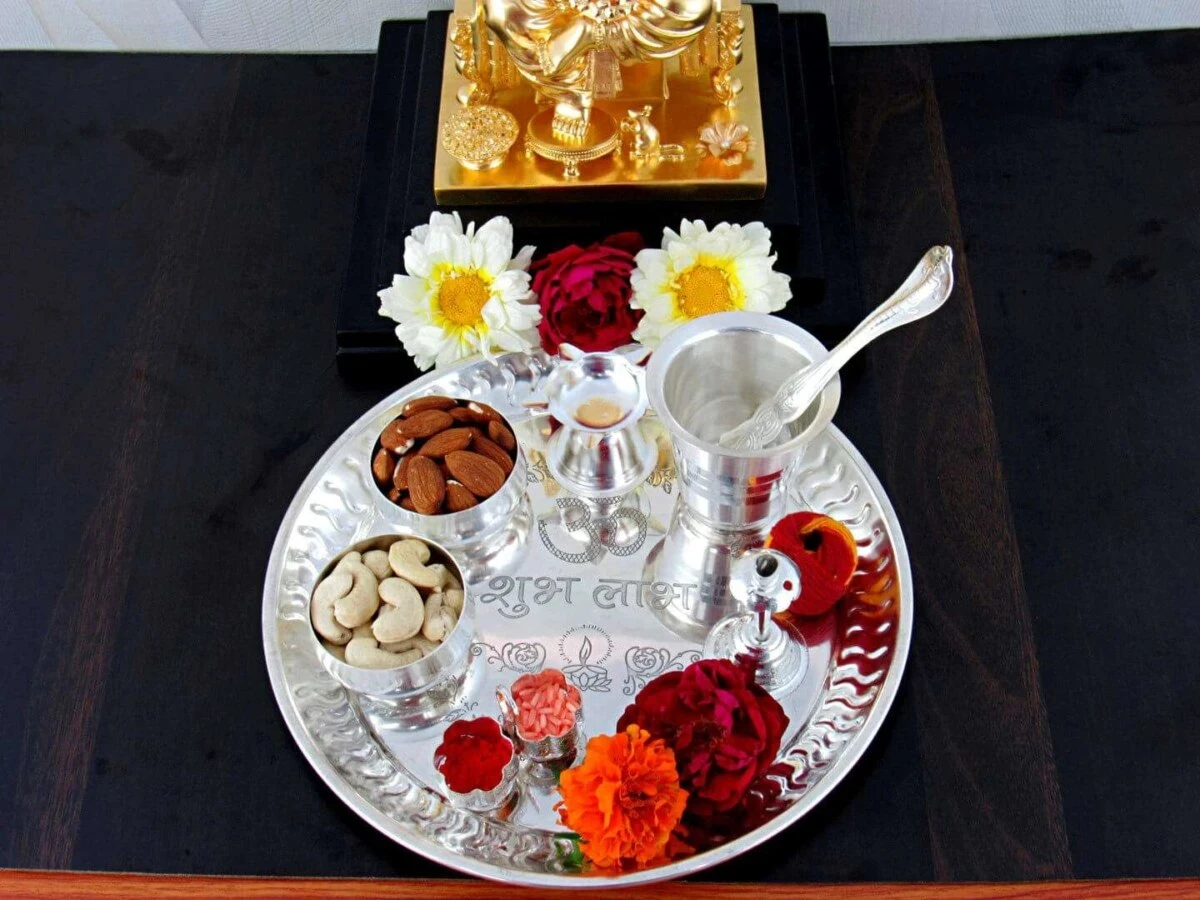 Pooja Thali set, pooja thali silver, pooja thali decoration, Pooja Thali for home, pooja thali set silver, return gifts for housewarming