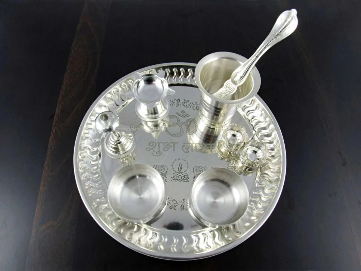 Pooja Thali set, pooja thali silver, pooja thali decoration, Pooja Thali for home, pooja thali set silver, return gifts for housewarming