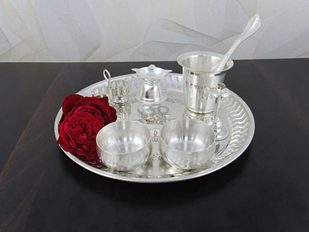 Pooja Thali set, pooja thali silver, pooja thali decoration, Pooja Thali for home, pooja thali set silver, return gifts for housewarming