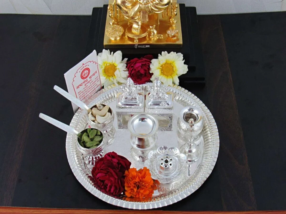 Pooja Thali set, pooja thali silver, pooja thali decoration, Pooja Thali for home, pooja thali set silver, return gifts for housewarming