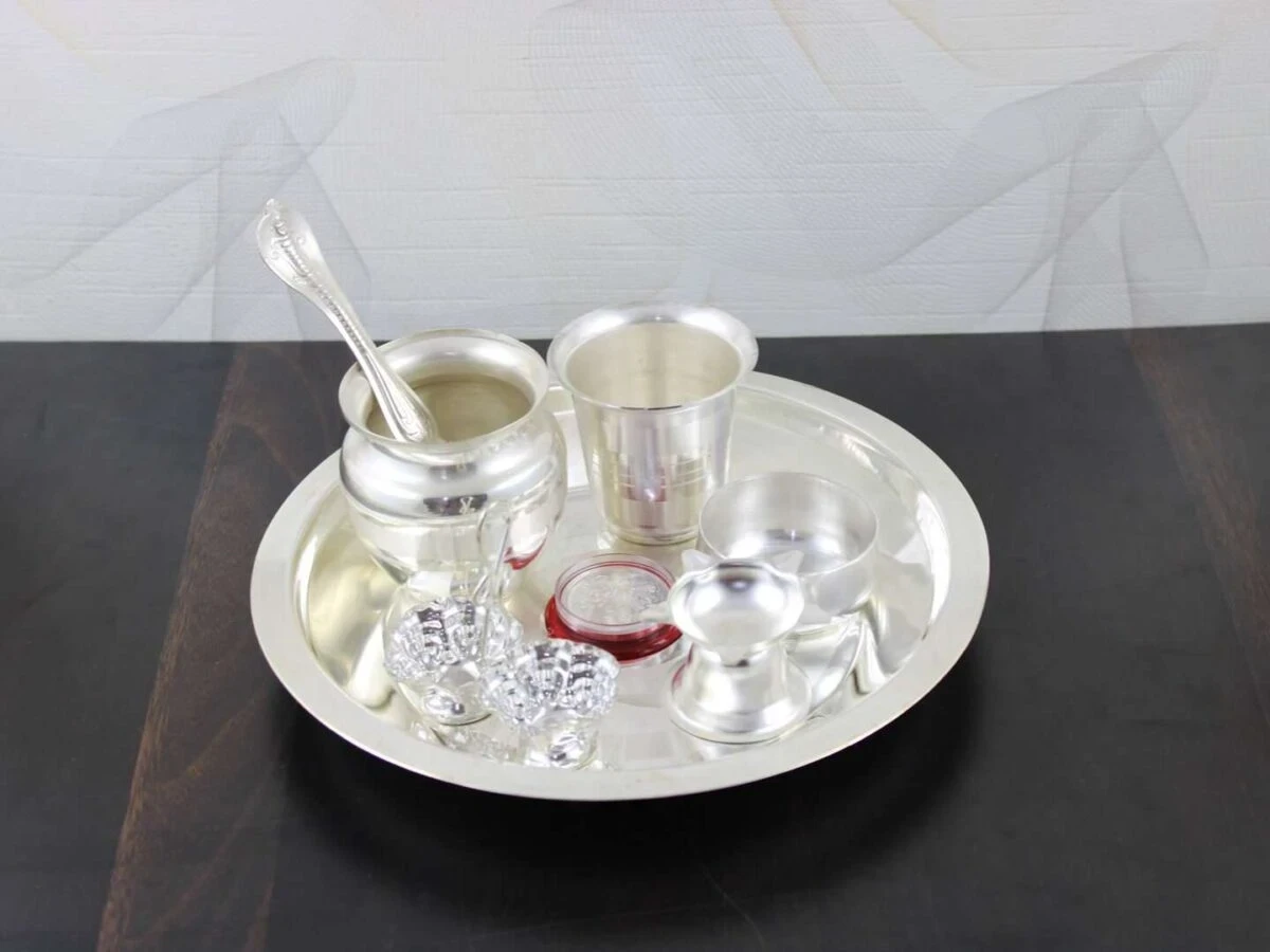 Pooja Thali set, pooja thali silver, pooja thali decoration, Pooja Thali for home, pooja thali set silver, return gifts for housewarming