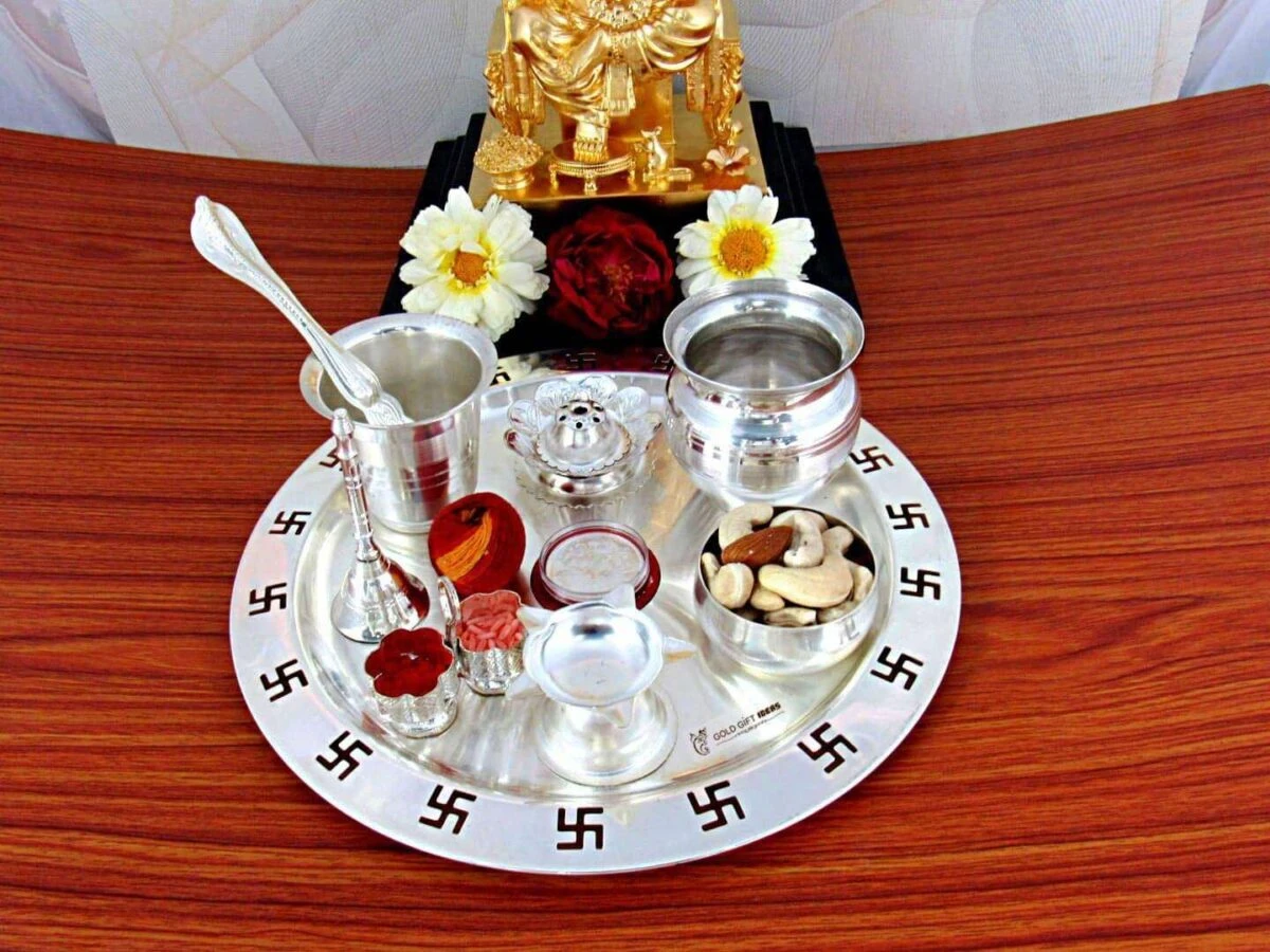 Pooja Thali set, pooja thali silver, pooja thali decoration, Pooja Thali for home, pooja thali set silver, return gifts for housewarming
