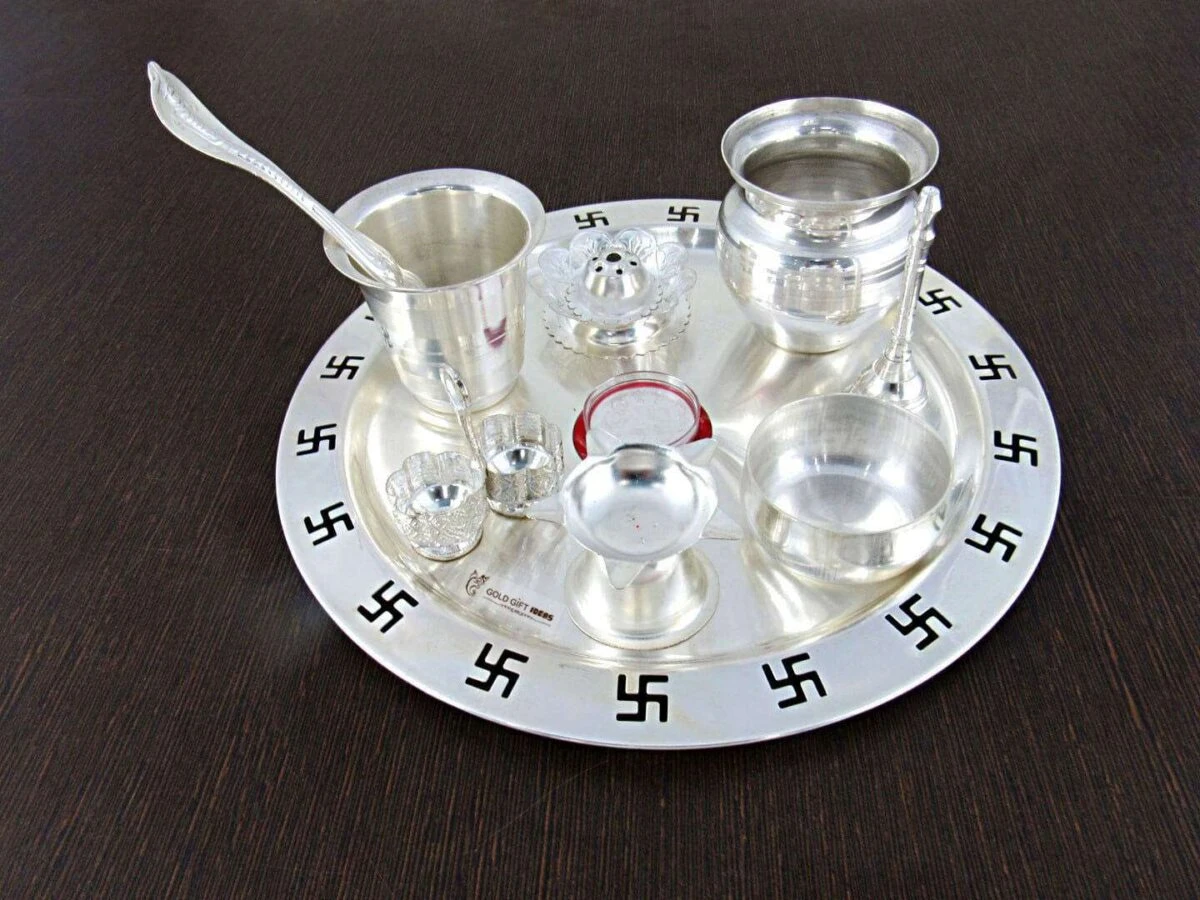 Pooja Thali set, pooja thali silver, pooja thali decoration, Pooja Thali for home, pooja thali set silver, return gifts for housewarming