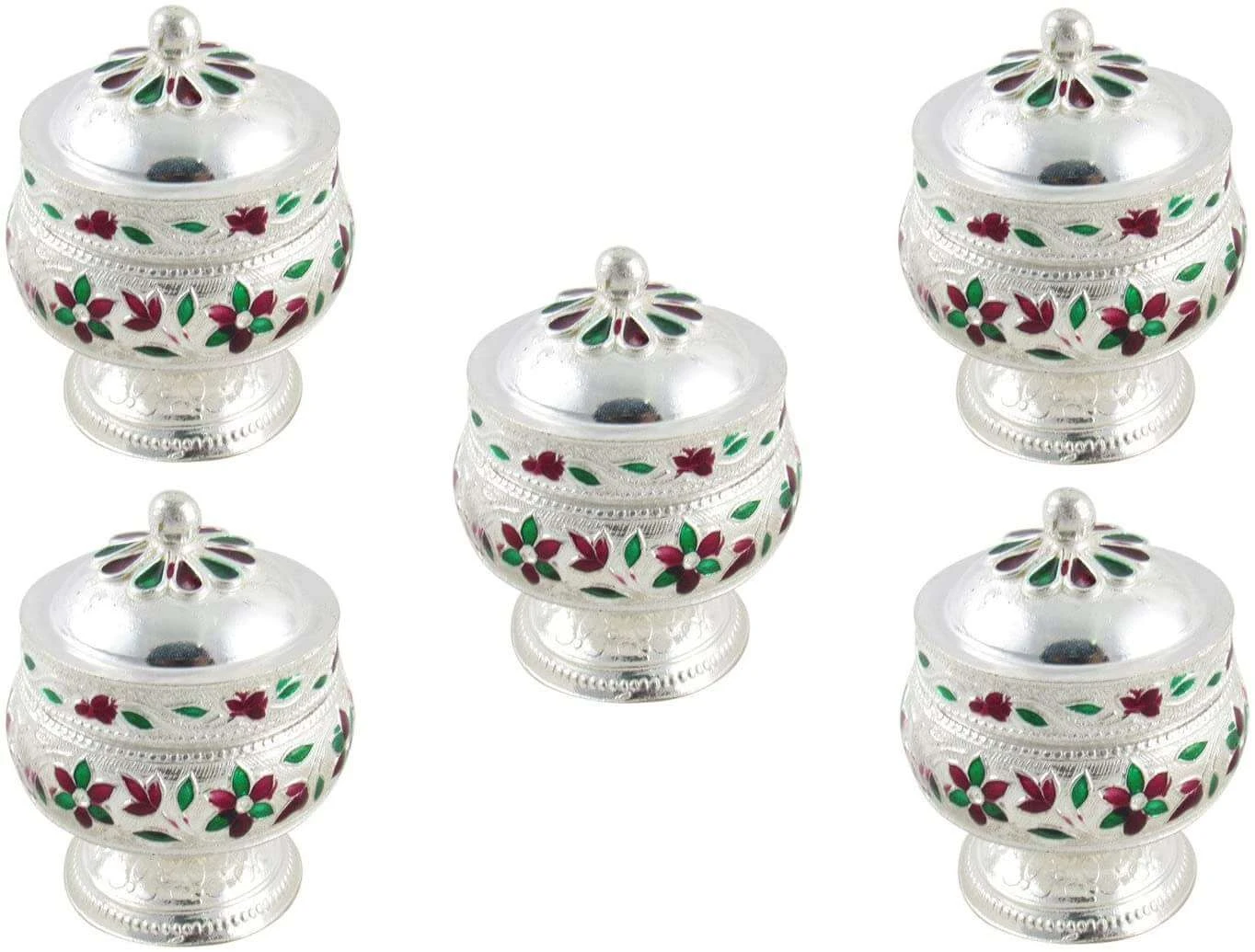 Buy GoldGiftIdeas Silver Plated Sindoor Dabbi with Lid (Pack of 5), Pooja  Items for Home, Return Gifts for Women, Sindoor Box for Pooja with Designer  potli Bags Online at Low Prices in