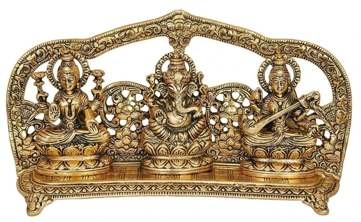 lakshmi ganesh saraswati idols, laxmi ganesh saraswati statue, laxmi ganesh saraswati murti, ganesh laxmi saraswati sitting position, laxmi ganesh saraswati silver idol