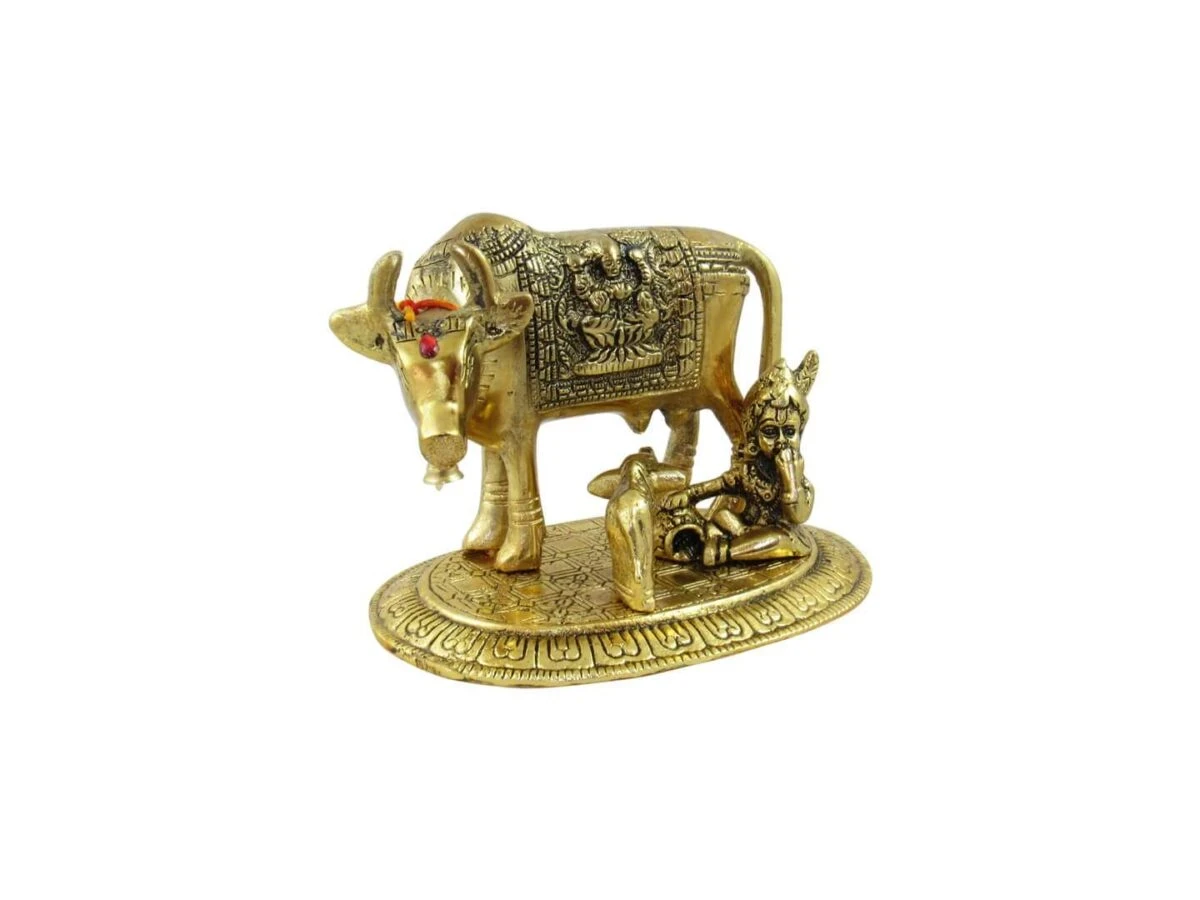 White metal cow and calf, cow and calf statue, cow and calf idol vastu, cow and calf statue in pooja room, white metal cow and calf statue, white metal small cow
