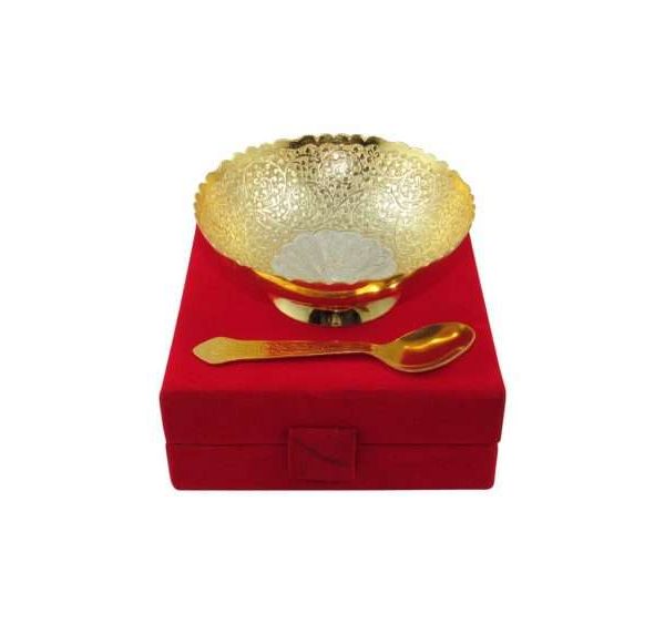 5 Inch Gold-Silver Plated Peacock Serving Bowl, Return Gift for Housewarming, Brass Dry Fruit Bowl
