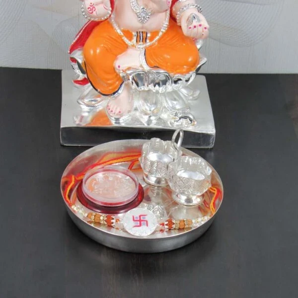 Ghasitaram Gifts Rakhi for Brother Silver Metal Look Pooja Thali with Red Pearl Rakhi
