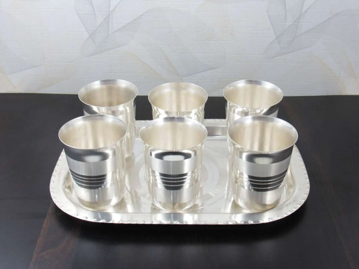 glass set for kitchen, glass set gift, glass set of 6, glass set for water, glass set for juice, glass set for bar, glass sets for drinking, glass set with tray, silver plated glass tray set