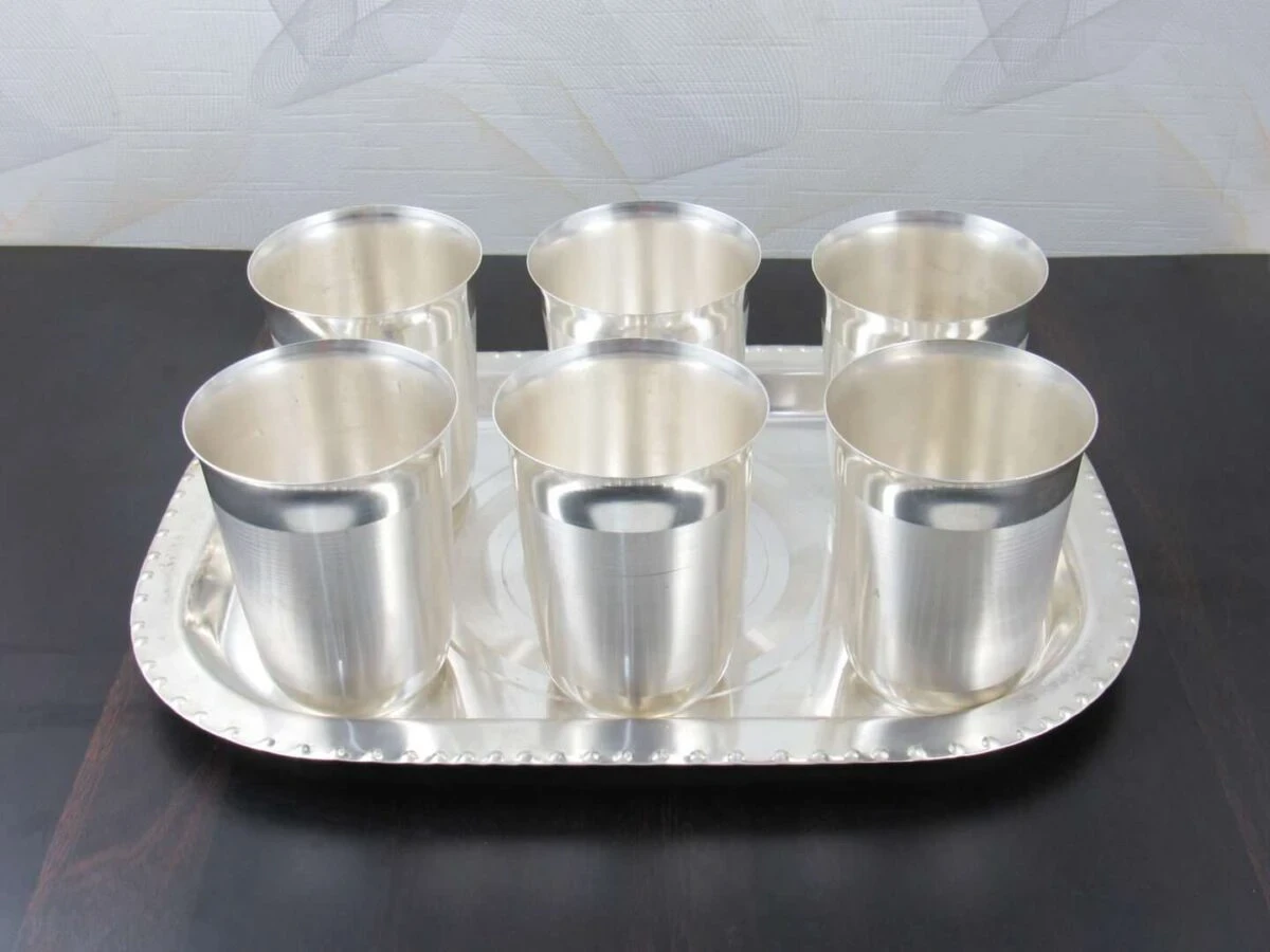 glass set for kitchen, glass set gift, glass set of 6, glass set for water, glass set for juice, glass set for bar, glass sets for drinking, glass set with tray, silver plated glass tray set