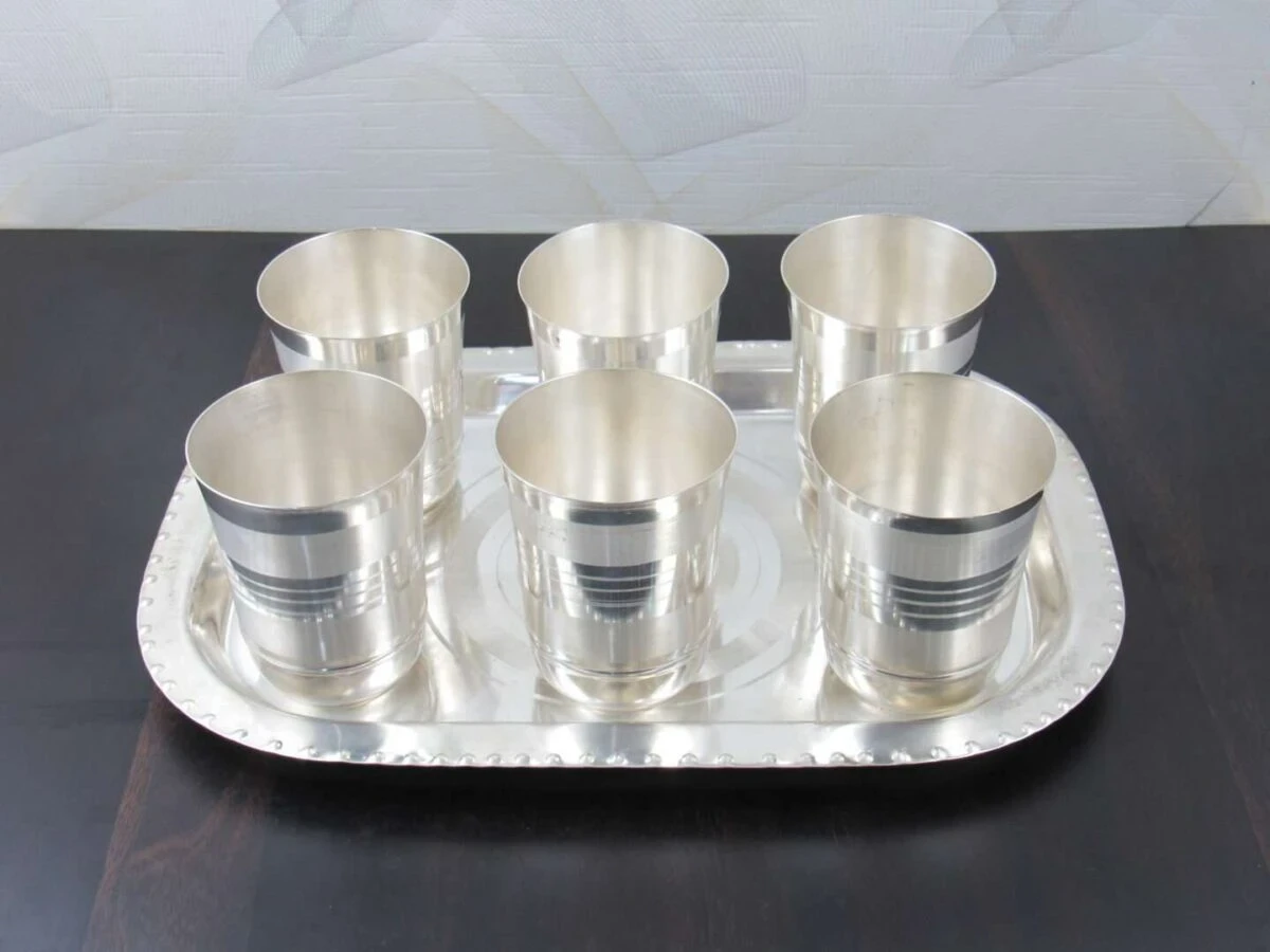 glass set for kitchen, glass set gift, glass set of 6, glass set for water, glass set for juice, glass set for bar, glass sets for drinking, glass set with tray, silver plated glass tray set