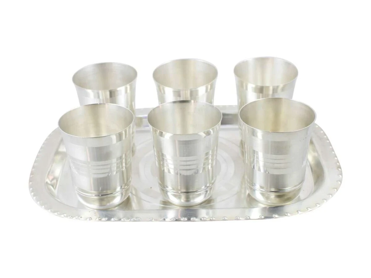glass set for kitchen, glass set gift, glass set of 6, glass set for water, glass set for juice, glass set for bar, glass sets for drinking, glass set with tray, silver plated glass tray set