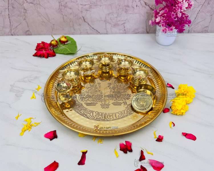 GOLDGIFTIDEAS 10 Inch Brass Premium Laxmi Ganesh Pooja Aarti Thali Set for  Gift, Pooja Article for Gift, Brass Pooja Plate for Diwali Puja