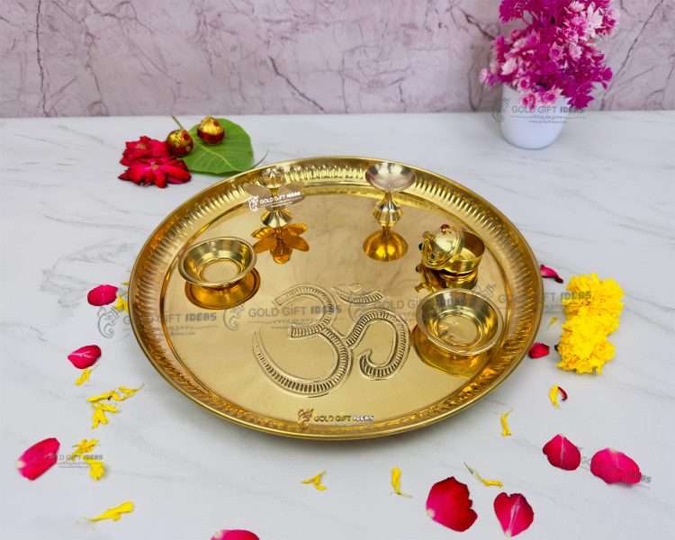 12 Inch Brass Traditional OM Pooja Thali Set for Home Temple, Wedding  Return Gift, Brass Pooja Decorative Items for Diwali, Festival Gift