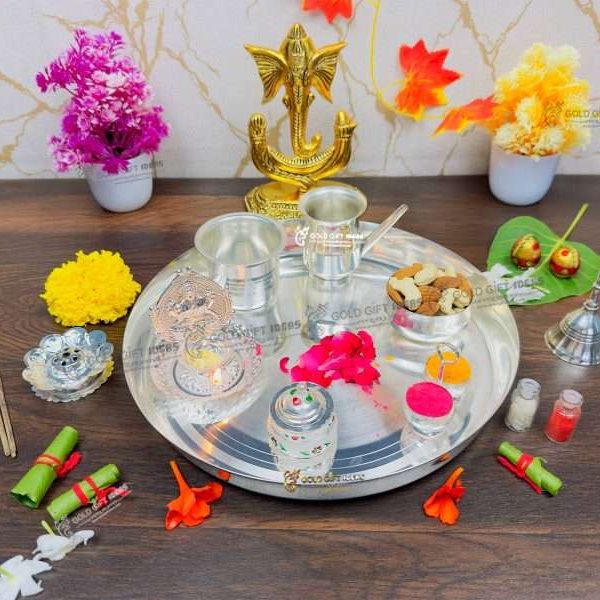 Pooja Thali set, pooja thali silver, pooja thali decoration, Pooja Thali for home, pooja thali set silver, pooja thali for wedding, pooja thali for mandir, pooja thali for Diwali, pooja thali for karva chauth, pooja thali gift set, pooja thali set gold plated pooja thali set for wedding silver thali set for pooja, return gifts for housewarming