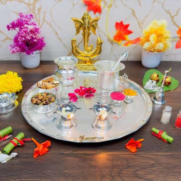 Pooja Thali set, pooja thali silver, pooja thali decoration, Pooja Thali for home, pooja thali set silver, pooja thali for wedding, pooja thali for mandir, pooja thali for Diwali, pooja thali for karva chauth, pooja thali gift set, pooja thali set gold plated pooja thali set for wedding silver thali set for pooja, return gifts for housewarming