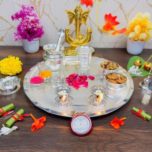 Pooja Thali set, pooja thali silver, pooja thali decoration, Pooja Thali for home, pooja thali set silver, pooja thali for wedding, pooja thali for mandir, pooja thali for Diwali, pooja thali for karva chauth, pooja thali gift set, pooja thali set gold plated pooja thali set for wedding silver thali set for pooja, return gifts for housewarming