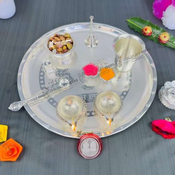 Pooja Thali set, pooja thali silver, pooja thali decoration, Pooja Thali for home, pooja thali set silver, pooja thali for wedding, pooja thali for mandir, pooja thali for Diwali, pooja thali for karva chauth, pooja thali gift set, pooja thali set gold plated pooja thali set for wedding silver thali set for pooja, return gifts for housewarming