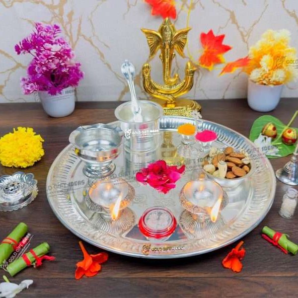 Pooja Thali set, pooja thali silver, pooja thali decoration, Pooja Thali for home, pooja thali set silver, pooja thali for wedding, pooja thali for mandir, pooja thali for Diwali, pooja thali for karva chauth, pooja thali gift set, pooja thali set gold plated pooja thali set for wedding silver thali set for pooja, return gifts for housewarming