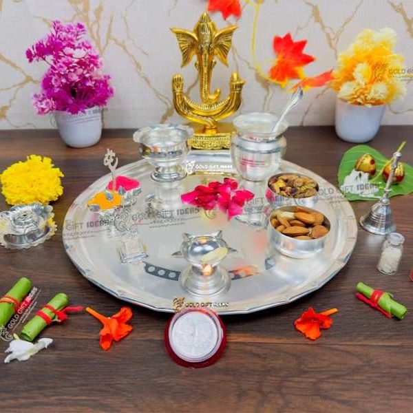 Pooja Thali set, pooja thali silver, pooja thali decoration, Pooja Thali for home, pooja thali set silver, pooja thali for wedding, pooja thali for mandir, pooja thali for Diwali, pooja thali for karva chauth, pooja thali gift set, pooja thali set gold plated pooja thali set for wedding silver thali set for pooja, return gifts for housewarming