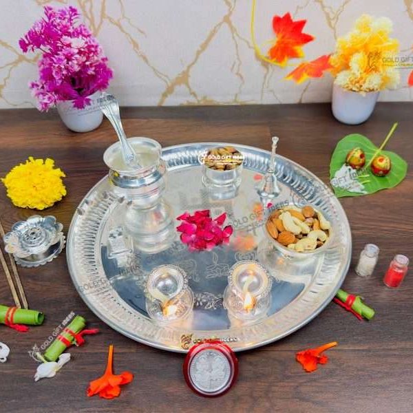 Pooja Thali set, pooja thali silver, pooja thali decoration, Pooja Thali for home, pooja thali set silver, pooja thali for wedding, pooja thali for mandir, pooja thali for Diwali, pooja thali for karva chauth, pooja thali gift set, pooja thali set gold plated pooja thali set for wedding silver thali set for pooja, return gifts for housewarming