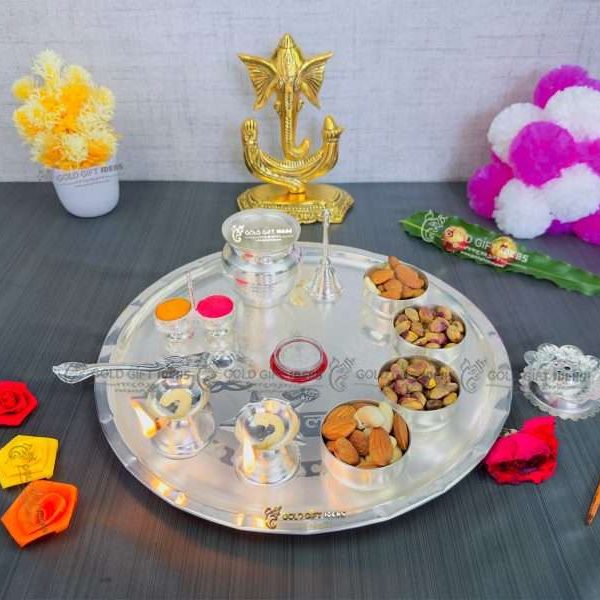 Pooja Thali set, pooja thali silver, pooja thali decoration, Pooja Thali for home, pooja thali set silver, pooja thali for wedding, pooja thali for mandir, pooja thali for Diwali, pooja thali for karva chauth, pooja thali gift set, pooja thali set gold plated pooja thali set for wedding silver thali set for pooja, return gifts for housewarming