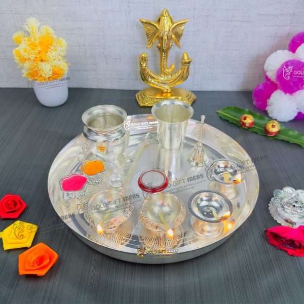 Pooja Thali set, pooja thali silver, pooja thali decoration, Pooja Thali for home, pooja thali set silver, pooja thali for wedding, pooja thali for mandir, pooja thali for Diwali, pooja thali for karva chauth, pooja thali gift set, pooja thali set gold plated pooja thali set for wedding silver thali set for pooja, return gifts for housewarming