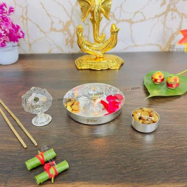 Pooja Thali set, pooja thali silver, pooja thali decoration, Pooja Thali for home, pooja thali set silver, pooja thali for wedding, pooja thali for mandir, pooja thali for Diwali, pooja thali for karva chauth, pooja thali gift set, pooja thali set gold plated pooja thali set for wedding silver thali set for pooja, return gifts for housewarming