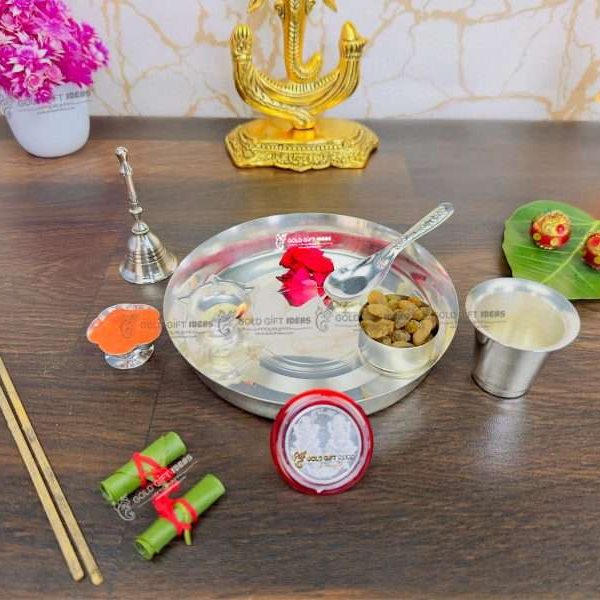 Pooja Thali set, pooja thali silver, pooja thali decoration, Pooja Thali for home, pooja thali set silver, pooja thali for wedding, pooja thali for mandir, pooja thali for Diwali, pooja thali for karva chauth, pooja thali gift set, pooja thali set gold plated pooja thali set for wedding silver thali set for pooja, return gifts for housewarming