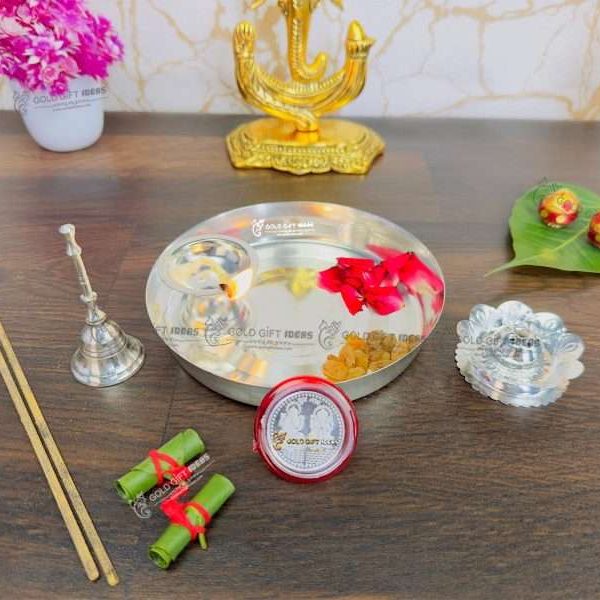Pooja Thali set, pooja thali silver, pooja thali decoration, Pooja Thali for home, pooja thali set silver, pooja thali for wedding, pooja thali for mandir, pooja thali for Diwali, pooja thali for karva chauth, pooja thali gift set, pooja thali set gold plated pooja thali set for wedding silver thali set for pooja, return gifts for housewarming