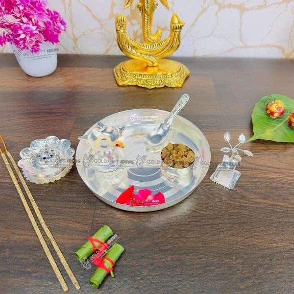 Pooja Thali set, pooja thali silver, pooja thali decoration, Pooja Thali for home, pooja thali set silver, pooja thali for wedding, pooja thali for mandir, pooja thali for Diwali, pooja thali for karva chauth, pooja thali gift set, pooja thali set gold plated pooja thali set for wedding silver thali set for pooja, return gifts for housewarming