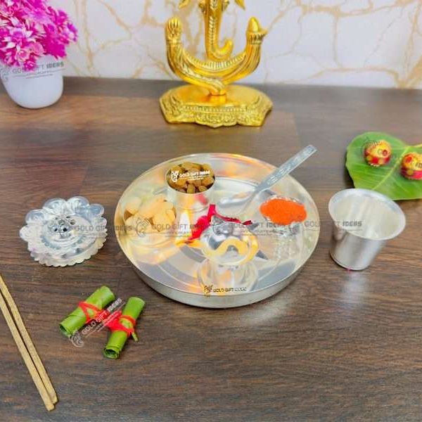 Pooja Thali set, pooja thali silver, pooja thali decoration, Pooja Thali for home, pooja thali set silver, pooja thali for wedding, pooja thali for mandir, pooja thali for Diwali, pooja thali for karva chauth, pooja thali gift set, pooja thali set gold plated pooja thali set for wedding silver thali set for pooja, return gifts for housewarming