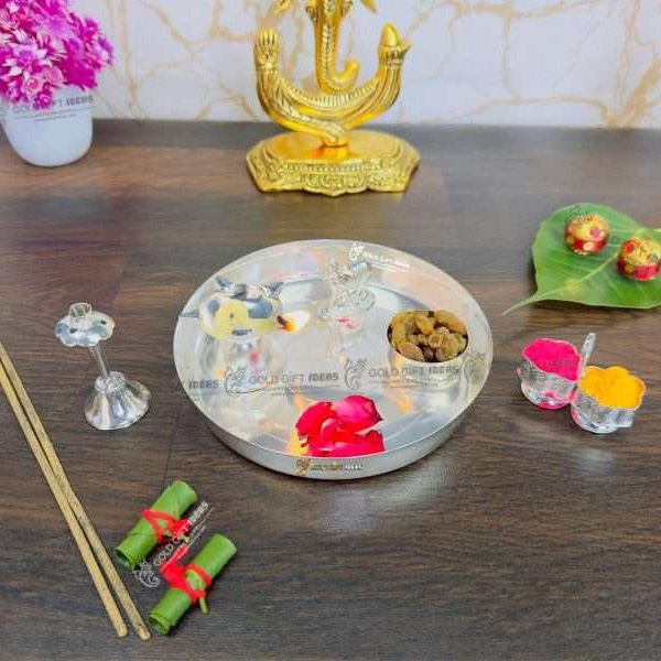 Pooja Thali set, pooja thali silver, pooja thali decoration, Pooja Thali for home, pooja thali set silver, pooja thali for wedding, pooja thali for mandir, pooja thali for Diwali, pooja thali for karva chauth, pooja thali gift set, pooja thali set gold plated pooja thali set for wedding silver thali set for pooja, return gifts for housewarming