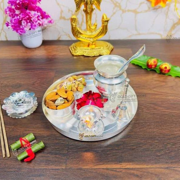Pooja Thali set, pooja thali silver, pooja thali decoration, Pooja Thali for home, pooja thali set silver, pooja thali for wedding, pooja thali for mandir, pooja thali for Diwali, pooja thali for karva chauth, pooja thali gift set, pooja thali set gold plated pooja thali set for wedding silver thali set for pooja, return gifts for housewarming
