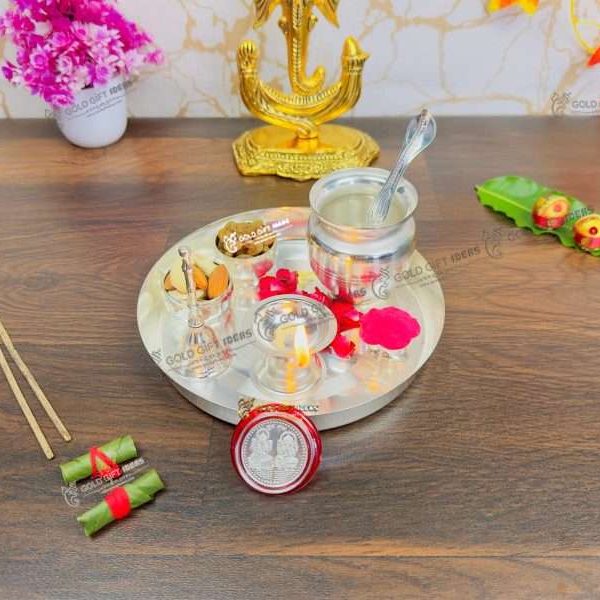 Pooja Thali set, pooja thali silver, pooja thali decoration, Pooja Thali for home, pooja thali set silver, pooja thali for wedding, pooja thali for mandir, pooja thali for Diwali, pooja thali for karva chauth, pooja thali gift set, pooja thali set gold plated pooja thali set for wedding silver thali set for pooja, return gifts for housewarming