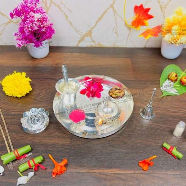 Pooja Thali set, pooja thali silver, pooja thali decoration, Pooja Thali for home, pooja thali set silver, pooja thali for wedding, pooja thali for mandir, pooja thali for Diwali, pooja thali for karva chauth, pooja thali gift set, pooja thali set gold plated pooja thali set for wedding silver thali set for pooja, return gifts for housewarming