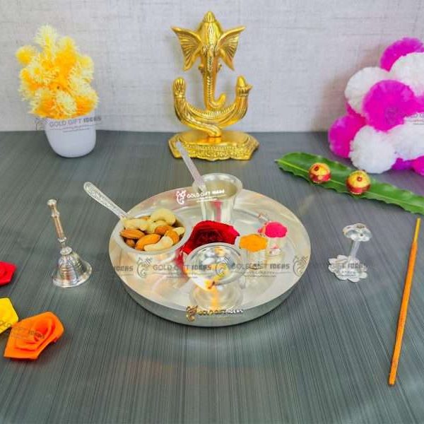 Pooja Thali set, pooja thali silver, pooja thali decoration, Pooja Thali for home, pooja thali set silver, pooja thali for wedding, pooja thali for mandir, pooja thali for Diwali, pooja thali for karva chauth, pooja thali gift set, pooja thali set gold plated pooja thali set for wedding silver thali set for pooja, return gifts for housewarming