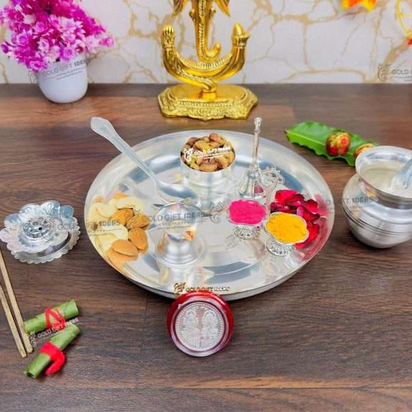 Pooja Thali set, pooja thali silver, pooja thali decoration, Pooja Thali for home, pooja thali set silver, pooja thali for wedding, pooja thali for mandir, pooja thali for Diwali, pooja thali for karva chauth, pooja thali gift set, pooja thali set gold plated pooja thali set for wedding silver thali set for pooja, return gifts for housewarming