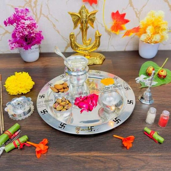 Pooja Thali set, pooja thali silver, pooja thali decoration, Pooja Thali for home, pooja thali set silver, pooja thali for wedding, pooja thali for mandir, pooja thali for Diwali, pooja thali for karva chauth, pooja thali gift set, pooja thali set gold plated pooja thali set for wedding silver thali set for pooja, return gifts for housewarming