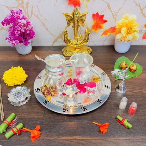 Pooja Thali set, pooja thali silver, pooja thali decoration, Pooja Thali for home, pooja thali set silver, pooja thali for wedding, pooja thali for mandir, pooja thali for Diwali, pooja thali for karva chauth, pooja thali gift set, pooja thali set gold plated pooja thali set for wedding silver thali set for pooja, return gifts for housewarming