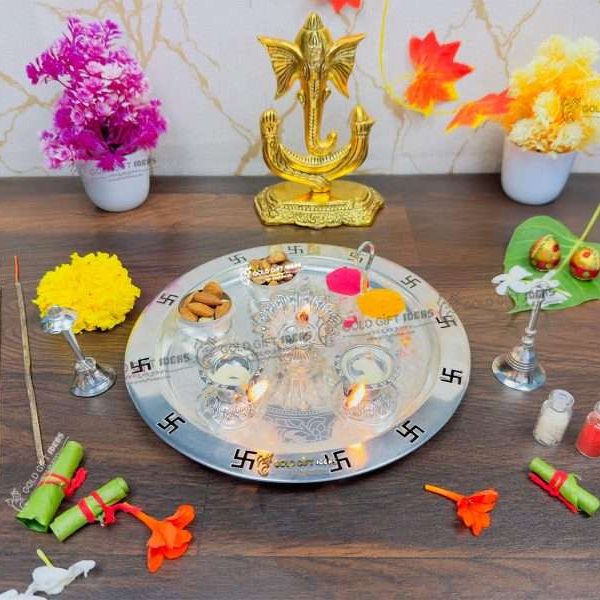 Pooja Thali set, pooja thali silver, pooja thali decoration, Pooja Thali for home, pooja thali set silver, pooja thali for wedding, pooja thali for mandir, pooja thali for Diwali, pooja thali for karva chauth, pooja thali gift set, pooja thali set gold plated pooja thali set for wedding silver thali set for pooja, return gifts for housewarming