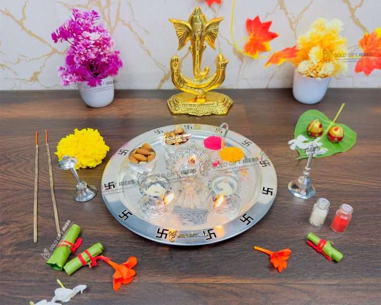 Pure Brass Special Puja Thali Set of 9 Items, for Diwali Poojan/pooja  Room/diwali Gifting 