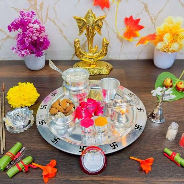 Pooja Thali set, pooja thali silver, pooja thali decoration, Pooja Thali for home, pooja thali set silver, pooja thali for wedding, pooja thali for mandir, pooja thali for Diwali, pooja thali for karva chauth, pooja thali gift set, pooja thali set gold plated pooja thali set for wedding silver thali set for pooja, return gifts for housewarming