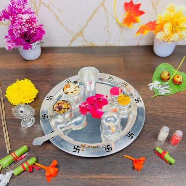Pooja Thali set, pooja thali silver, pooja thali decoration, Pooja Thali for home, pooja thali set silver, pooja thali for wedding, pooja thali for mandir, pooja thali for Diwali, pooja thali for karva chauth, pooja thali gift set, pooja thali set gold plated pooja thali set for wedding silver thali set for pooja, return gifts for housewarming