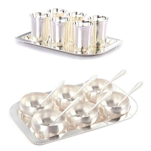 Silver Plated Six Glass/Tray And Six Manchurian Bowl/Spoon-Tray Combo, Dinnerware Items, Dinnerware Set