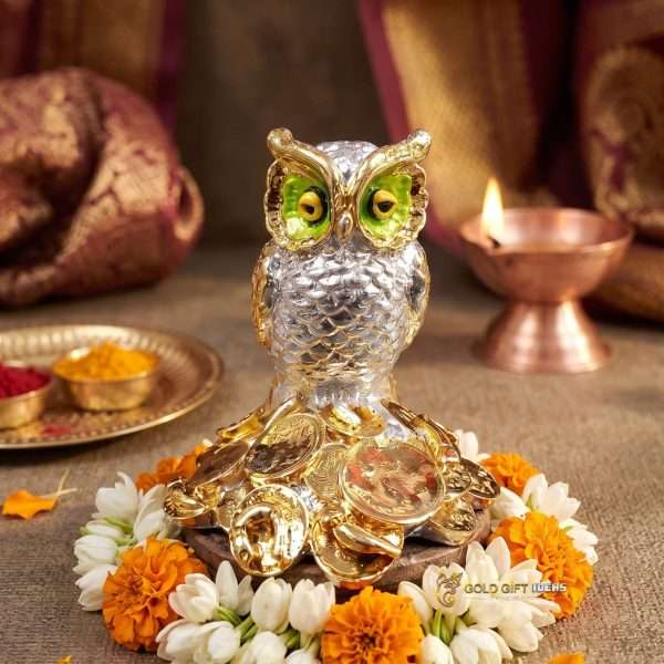 Gold Plated Owl Statue for Office, Owl Figurines Vastu, Diwali Gifts, Owl Murti for Home, Owl Showpiece for Good Luck, Return Gifts for Marriage (8 x 7 CM)