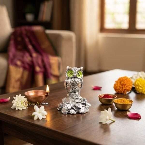 Silver Plated Owl Statue for Home Decoration, Owl Figurine Small, Corporate Gift Items for New Year, Owl Statue for Desk, Owl Murti Vastu, Owl Idol for Home, Return Gifts for Birthday (6 x 5 CM)